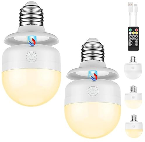 Calenxy Bombilla recargable USB-C con mando a distancia – E27 LED 3 colores regulable – Bombilla de batería con temporizador y base magnética – Sin cable de alimentación luz de emergencia para