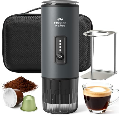 GVODE Tragbare Kaffeemaschine mit Akku, 3-in-1 Mobile Espressomaschine | 20 Bar Selbsterhitzend Mini Kaffeemaschine(NS/DG Kapseln & Pulver) für Camping, Auto & Reise, Inkl. Tasche & Ständer - Grau