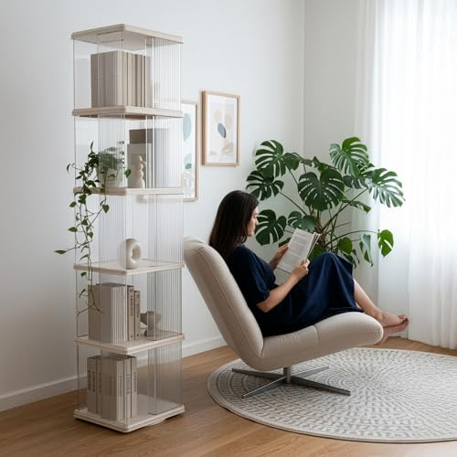 Toemics 360° Drehbares Bücherregal, 5 Ebenen Standregal mit transparenten PET-Seiten, schmales Turmregal 168,5x36x36cm, platzsparend für Wohnzimmer, Schlafzimmer und Büro, bis 80kg belastbar