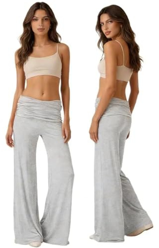 Pantalon Yoga Femme Corail Fluide Pantalon à Revers Chic et Elegant Taille Haute Élastiquée Jogging Jambes Larges Léger Pantalons D'Été Printemps Palazzo Y2k Pantalons pour Sport Pilates Plage 2026