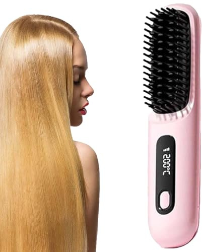Cefryna Styling Brush For Short Hair, 2026 Cefryna Straightening Brush With New 3px Ceramic Bristles, 3 Temperature Levels, Portable, Rechargeable for Straightening And Curling (Pink)