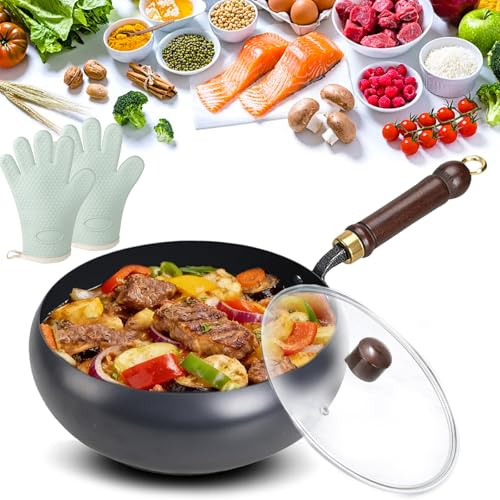 Casserole japonaise en fonte 2026, 24/28/30 cm, wok en fonte avec couvercle pour la cuisson, wok japonais martelé à la main, poêles à frire antiadhésives non revêtues pour cuisinière à gaz (avec