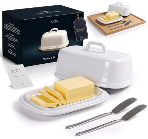 SABN STORE Pack Mantequillera de cerámica tapa con asa, para mantequilla máximo 250g, nevera y lavavajillas, 2 untadores inox + tarjeta, Mantequera Butter Dish (Royal White)