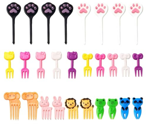 MUNZE 28 Piezas Mini Tenedores Infantiles Fruta, 3D Reutilizables, Gato+Elefante+Garra Gato, Para Almuerzo Té Fiesta
