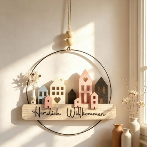 Qivra Trockenblumenkranz Herzlich Willkommen, 30cm Türkranz Deko, Türkranz Häuser mit Willkommensschild, Frühlingskranz Sommerkranz Girlande Homedeko Hochzeitsdeko, Tür Wand Dekoration