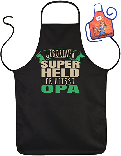 Opa Schürzen Set - Sprüche Kochschürze Großvater : Geborener Super Held er heisst Opa -- Geschenk Grillschürze Geburtstag Opa + Minischürze
