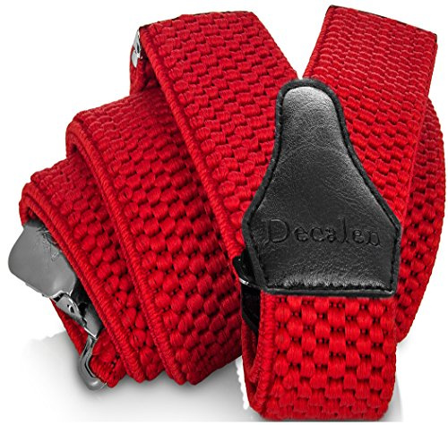Decalen Mens Suspenders with Very Strong Clips Heavy Duty One Size Fits All Big and Tall Wide Adjustable and Elastic Braces Y Back Shape (Red)