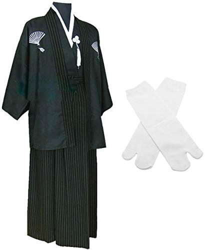 Japanese Kimono Samurai Hakama Bushi Mens Uniform with Tabi Socks Set(CHF010), Black, S(Asia M)
