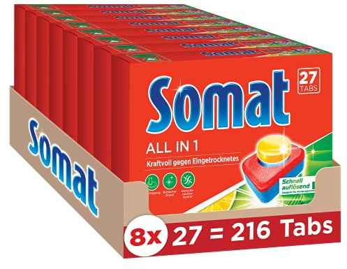 Somat 7 All in 1 Zitrone & Limette Multi Aktiv, Spülmaschinen-Tabs, Jahresvorrat, 216 (8 x 27) Tabs, kraftvolle Reinigung mit Geruchsneutralisierer Funktion