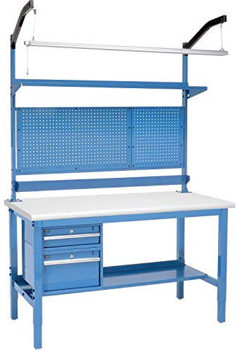 Global Industrial 72 W x 30 D Heavy-Duty Production Workbench with 1-1/4 Thick ESD Laminate Safety Edge Complete Bench, 5000 Lbs Capacity, Blue, Assembly Required