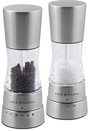 Cole & Mason H332025 Derwent Mini Salt and Pepper Mills, Gourmet Precision+, Stainless Steel/Acrylic, 157 mm, Gift Set, 2 x Salt and Pepper Grinders