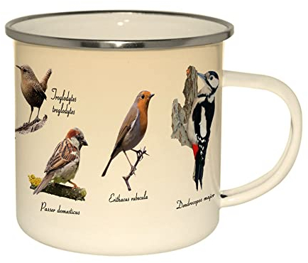 Esschert Design Emaille-Tasse mit Vogelmotiv, Sortiert