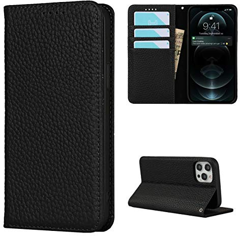 Copmob Schutzhülle für iPhone 12/12 Pro, Flip-Case aus echtem Leder, [4 Schlitze][Magnetverschluss], Schutzhülle für iPhone 12/12 Pro – Schwarz