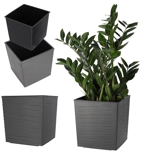 KADAX Blumentopf aus Kunststoff, wetterfester Gartentopf für Balkon, Terrasse, Innenbereich, Leichter Topf mit Einlage, Pflanzentöpf, Blumenkübel (Grafit, Höhe: 30 cm)