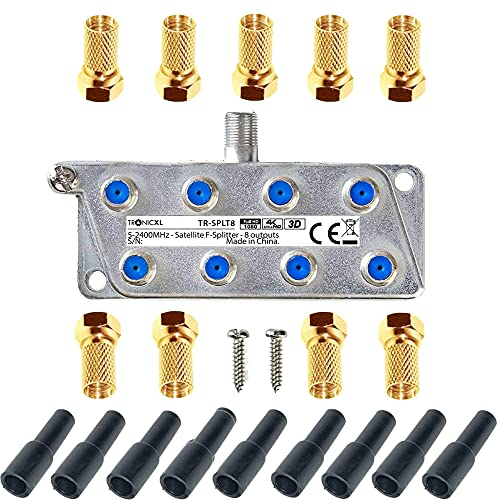 TronicXL Sat Splitter 8-Fach Digital I Antennenverteiler + F-Stecker + Wetterschutz I Antennen Kabel TV BK Weiche HDTV Verteiler Fernsehen Fernseher HD DVBC DVBT Radio UKW Unicable 4K HDTV 8fach