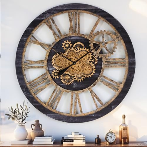 ImprovingLife Die Zahnraduhr 90 cm Echt bewegliches Zahnrad Wanduhr Vintage Industriell Übergroß Rustikaler Landhausstil (Vintage Schwarz Holz und Bronze)