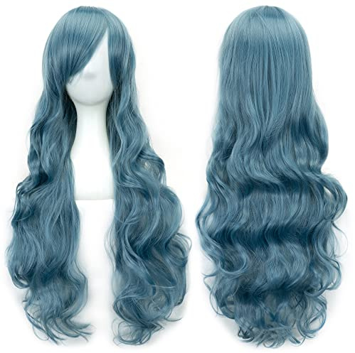 IMISSU 80cm langes lockiges Naturhaar Cosplay Perücke mit Pony Buntes Halloween Kostüm Party Perücken für Frauen (Navy blau)