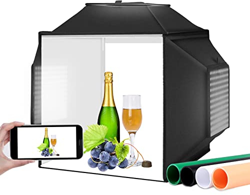 PULUZ Scatola luminosa portatile migliorata, 16x16 professionale dimmerabile, set di registrazione con 480 luci LED, 4 sfondi fotografici di prodotti per fotografia di prodotti