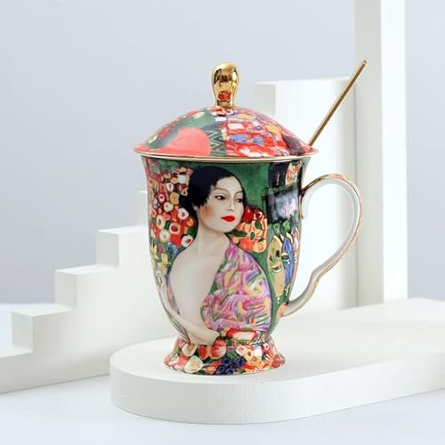 DINGDO Tazza da caffè con Coperchio e Cucchiaio Pittura Bone China Antient Tazze da tè con Coperchio Regalo