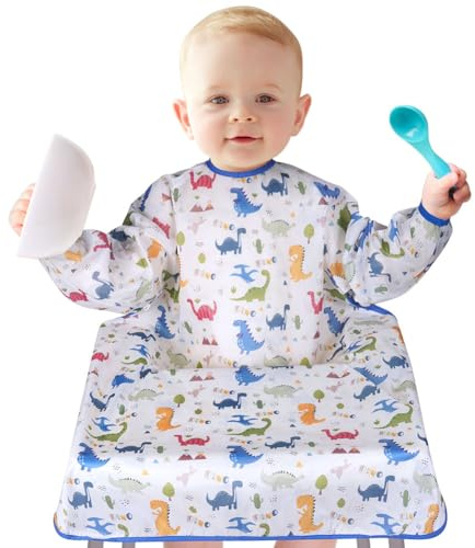 Vicloon Baby Matning Haklappar, Långärmad Baby Haklapp Vattentät TPU Haklapp Fästs på Din Barnstol Barnstolar för Mess-6 månader till 3 år (dinosaurie)