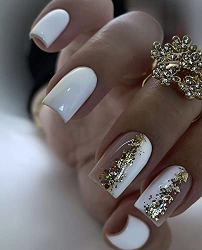 Sethexy Kurz Quadratisch Nägel zum Aufkleben Weiß-Rosa-Kombination Press on Nails Chrom Glänzend Kunstnägel Hochzeit 24Stück Acryl Fake Nails für Frauen und Mädchen