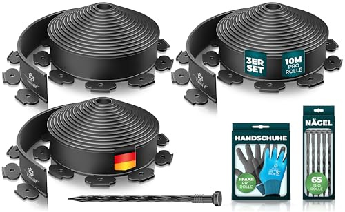 KESSER® Bordure de pelouse en Plastique Souple - Longueur : 30 m - Hauteur : 5 cm - avec 150 ancrages au Sol + 3 Paires de Gants - Bordure du rez-de-chaussée-Bordure Parterre-Bordure tondre-Palissade