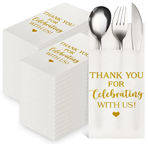 Fuutreo 100 Stück Hochzeits-Servietten mit Leinen-Gefühl, Einweg-Servietten, Tasche für Besteck, Airlaid-Papierserviette, saugfähig, Abendessen, für Hochzeit, Verlobung, Party-Dekorationen (Gold) | Saugfähiges Airlaid-Papier, Dankeschön-Druck, für Hochzeit, Dusche, Verlobung, Party, Tischdekoration, Tasche hält Besteck