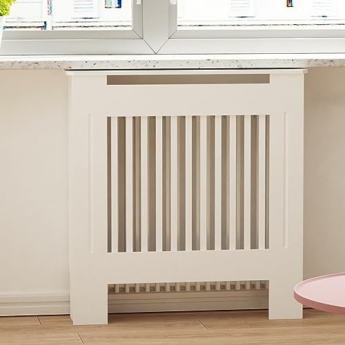 FATIVO Tall Radiator Cover 100cm High White Vertical Slat Thick MDF,Small | Anti-Tipping Device, Ventilated Design Top Shelf, Decorative Heat Protection Cover for Living Room Kitchen Bedroom Hallway
