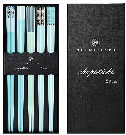 Chopsticks Reusable Dishwasher Safe, GLAMFIELDS 5 Pairs 9.5 Inches Premium Chop Sticks Set for Sushi, Ramen, Asian Cuisine, Matte Non-slip with Gift Case, Light Blue