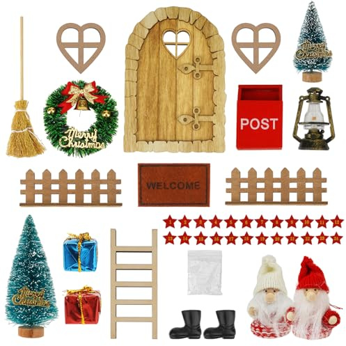 Goffii Wichteltür Zubehör Weihnachten, Weihnachtswichtel Tür Set, Wichteltür Nissedor mit Zubehör, Miniatur Weihnachten Feentür Set mit Briefkästen, Laterne, Zäun, Leiter, Stiefel, Kranz (21Pcs)
