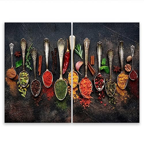 SMTDeco Herdabdeckplatte 2×35×52 cm – Mehr Arbeitsfläche, Spritzschutz & Schneidebrett – ESG Glas, kratzfest – für Induktion/Ceranfeld – 2-teilig, Motiv Zweiteilig Gemüse Grau