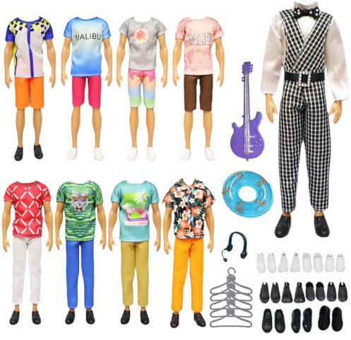 23 Stück Puppenkleidungs Kompatibel mit Ken Kleidung, Clothes for Dolls Jungen Puppen 1 Gitter Anzug 4 Kleidung 4 Hosen 5 Paar Schuhe 5 Kleiderregal 3 Accessories für 12 Zoll Puppen