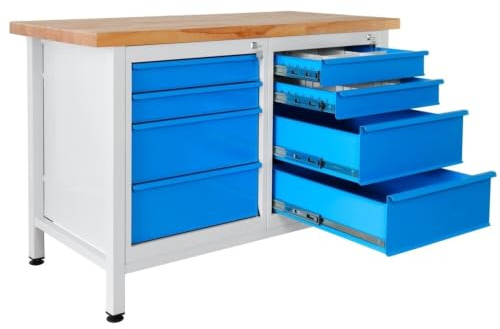 Steinbock Werkbank 8 Schubladen | 120x84x60 cm | 300 kg | Blau | 300 kg Tragkraft | 4 cm geölte Massivholz-Arbeitsplatte aus Buche | stabiles Stahlgestell | Werktisch | Made in EU