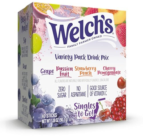 Welch's Singles To Go Variety Pack Watertok Mélange de boissons en poudre, contient 4 saveurs : raisin, fruit de la passion, pêche fraise, grenade cerise, 1 boîte (40 portions)