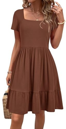 Newshows Sommerkleid Damen Knielang Sommer Kurzarm Kleid Quadratischer Ausschnitt Elegant Strandkleid Mit Taschen