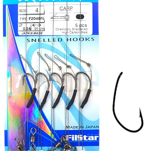 PRO FILSTAR 5 Angelhaken N4 - Vorfach & Wirbel Flechtschnur 25cm DIA0,25mm | Angeln Karpfen Zubehör - Fishing Hook - Boilies & Pellet Haken - Sport Set - Fishing Rig – Vorfachschnur