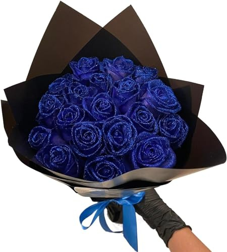 Gokame Glitzer-Rosenstrauß - (Selbstmontage), künstlicher Rosenblumenstrauß, ewig, glänzend, künstliche Rosen, Blumenstrauß, Liebesgeschenke für Valentinstag, Jahrestag, Verlobung (Blue, 24Pcs)