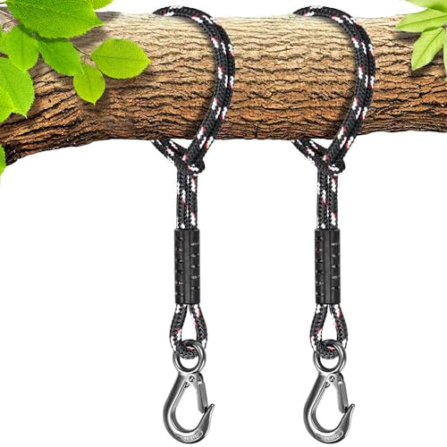 BeneLabel 2 Stück Seil zum Aufhängen, 1,5 m, Hängematte, Polyester-Gurt mit Haken (400 lbs) für Baum, Außenbereich, Stuhl, Spielzubehör, bis 2500 lbs, 10 mm Durchmesser, Schwarz
