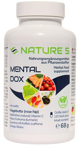 MENTALDOX® von Nature 5-120 Kap. - Hagebutte, natürliches Vitamin C, Maca, Guarana, Koffein, Kurkuma & Ginkgo - vegan, in Deutschland hergestellt & geprüft