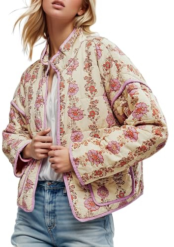 Yimoon Women's Cropped Puffer Quilted Jacket Vintage Floral Print Open Front Lightweight Short Jacket Outwear (Purple-M)