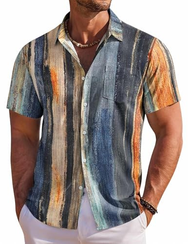 COOFANDY Mens Hawaiian Shirts Short Sleeve Button Down Shirts Casual Summer Shirts for Men, Striped - Oil Painting, X-Large