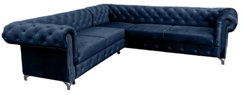 Meble Ares Elegante Chesterfield Sofa mit Quilten ASTI - 267 x 78 x 98 cm Bequemes Sofa 3 sitzer für das Wohnzimmer, Büro - Stilvolles Couch Mit Silbernen Beinen - Samt Dunkelblau