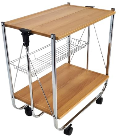 abc HOME | Servierwagen Holz-Optik Klappbar 70cm Hoch – Mobiler Küchenwagen mit Rollen – Platzsparender Beistellwagen faltbar – Serviertisch mit 3 Etagen