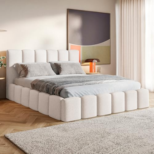 MOTIVENA Nunu Bubble Bett 180x200 Weiß Boucle, mit Stauraum, mit Kopfteil, mit Lattenrost, ohne Füße, mit Matratze H2/H3, Bubble Polsterbett 180x200 mit Bettkasten Weiß (Milch)
