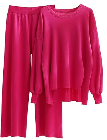 Completi Lana in 2 Pezzi Pullover Top a Maniche Lunghe Pantaloni a Gamba Larga Tuta Eleganti Comodo Larghi Set da Donna a Metà Autunno in Maglia Training Complete da Casa Curvy Polsino Elastico