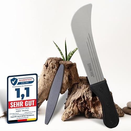 ALBAJ Machete - traditionelle Machete scharf echt - nachhaltiges Gartenmesser 45cm- inklusive gratis Schleifstein – umweltfreundliche große Handsense (Kunststoffgriff)