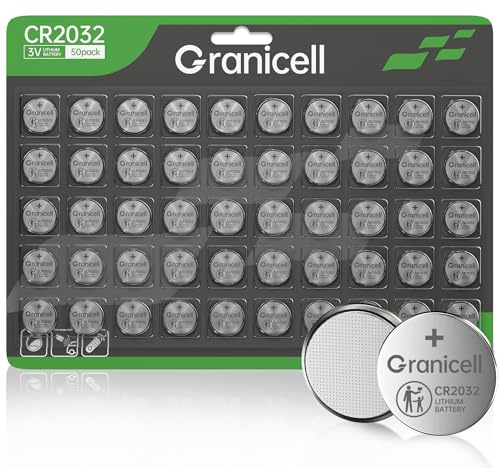 Granicell CR2032 Battery Compatible with AirTag 2032 Lithium 3V Coin Battery for Child Safety, Suitable for Key Fobs, Smart Sensors, Scales, Candles and More 50 Count
