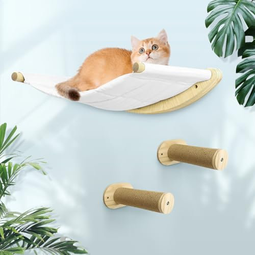 Katzen Kletterwand Set,Kletterwand Katzen XL Extra Stabil und Groß,Katzenhängematte & 2 Katzenleiter, Kratzbaum, Katzenbett zum Klettern aus Natur-Holz