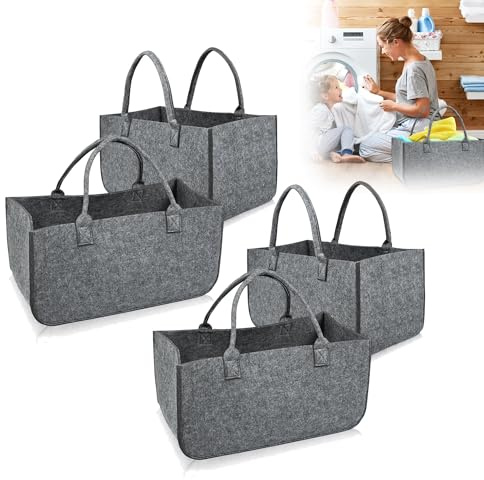 QEENTOE Kaminholztasche Filz Tasche Filztasche Shopper Faltbar Mit Griffen Filz Filztaschen Für Brennholztransport Einkäufe 50 x 25 x 25 cm Hellgrau 4 Stück