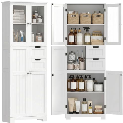 HOMCOM Badezimmersäule, modernes Badezimmermöbel mit hoher Aufbewahrung mit Glastüren, Schränken, Schubladen und verstellbaren Regalen, Badezimmerschrank, Küche, Wohnzimmer, 60 x 30 x 170 cm, weiß
